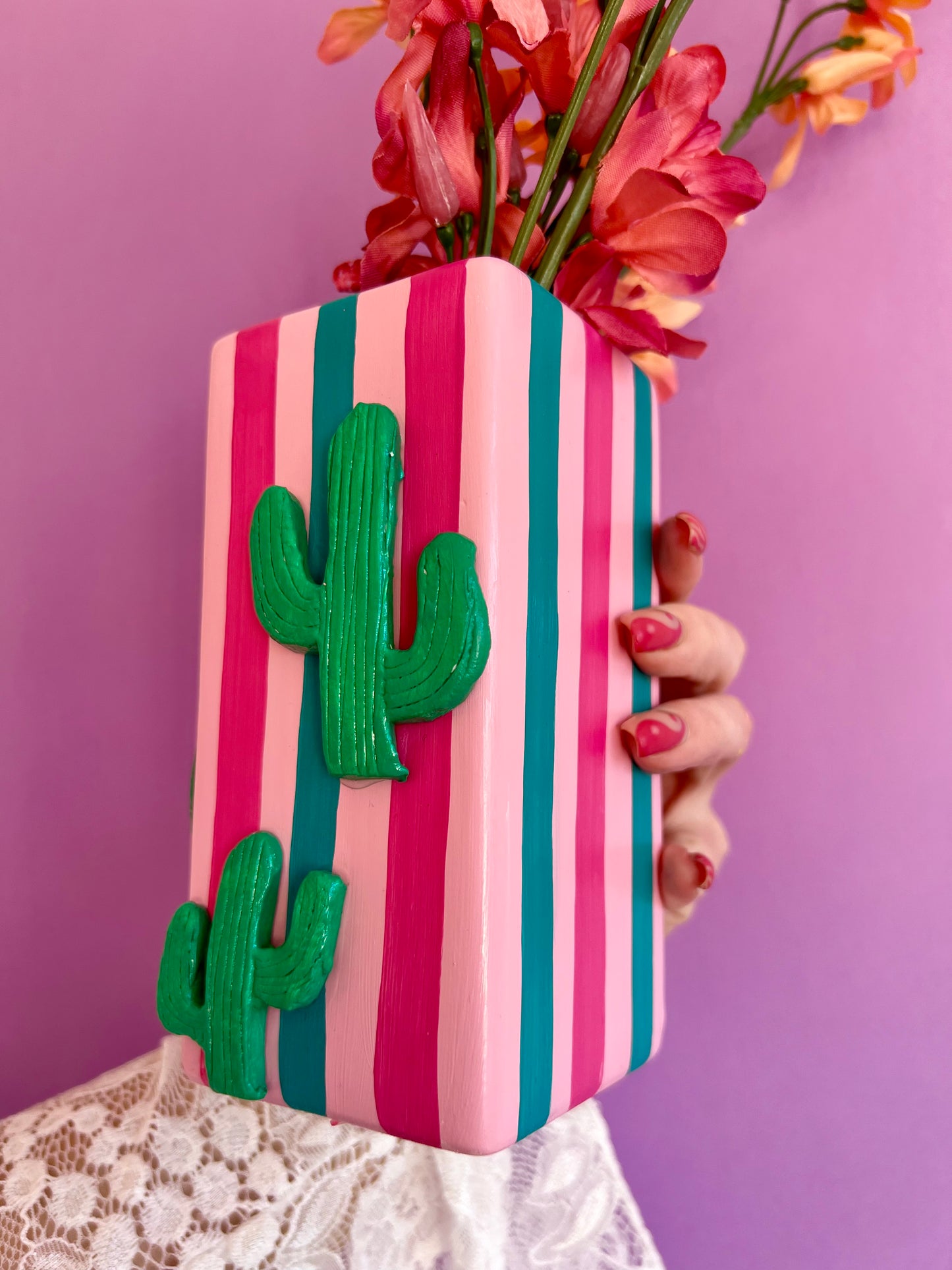 Cactus Stripe Ceramic Vase Pink & Green