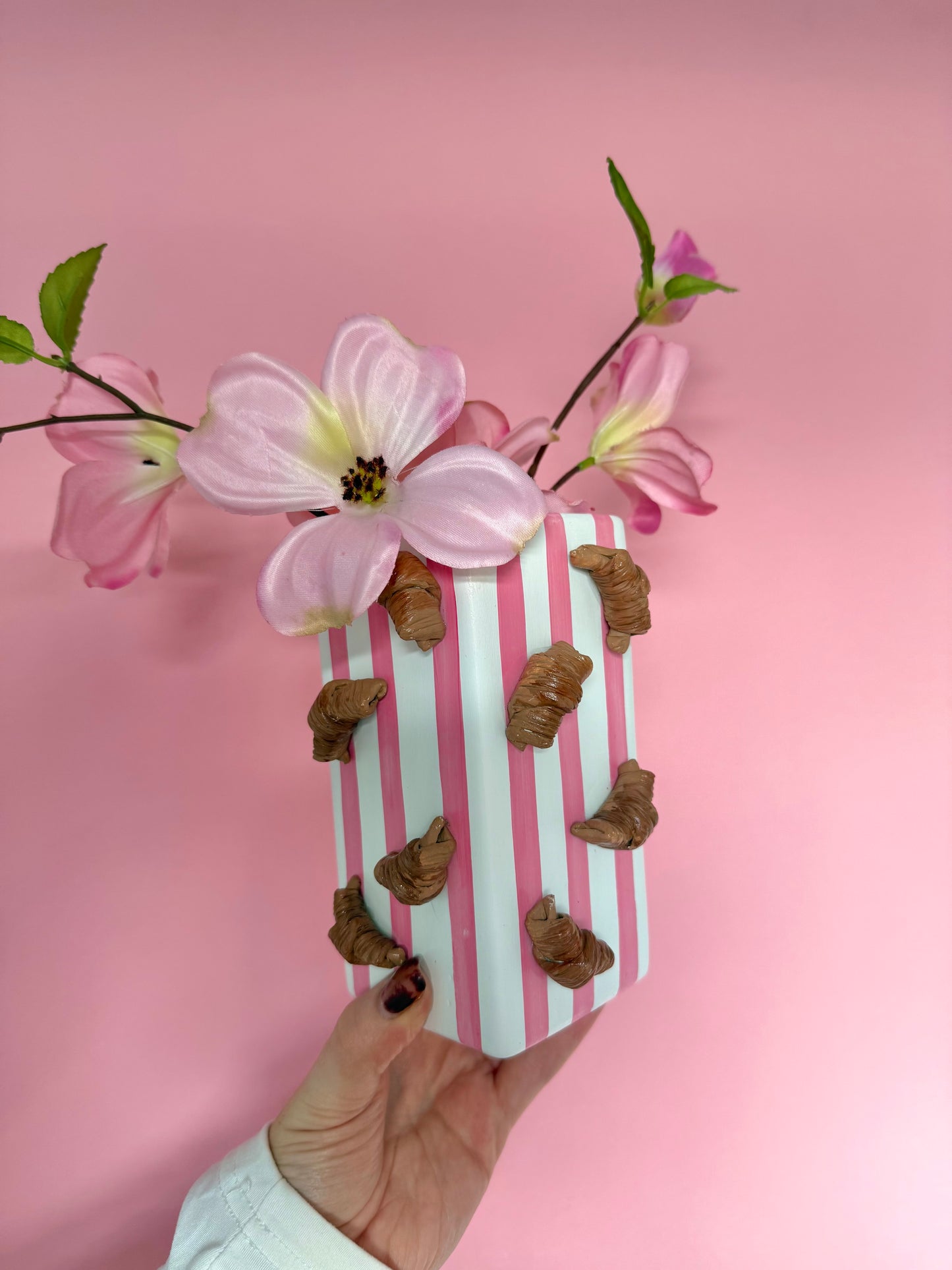 Pink Stripe Croissant Ceramic Vase