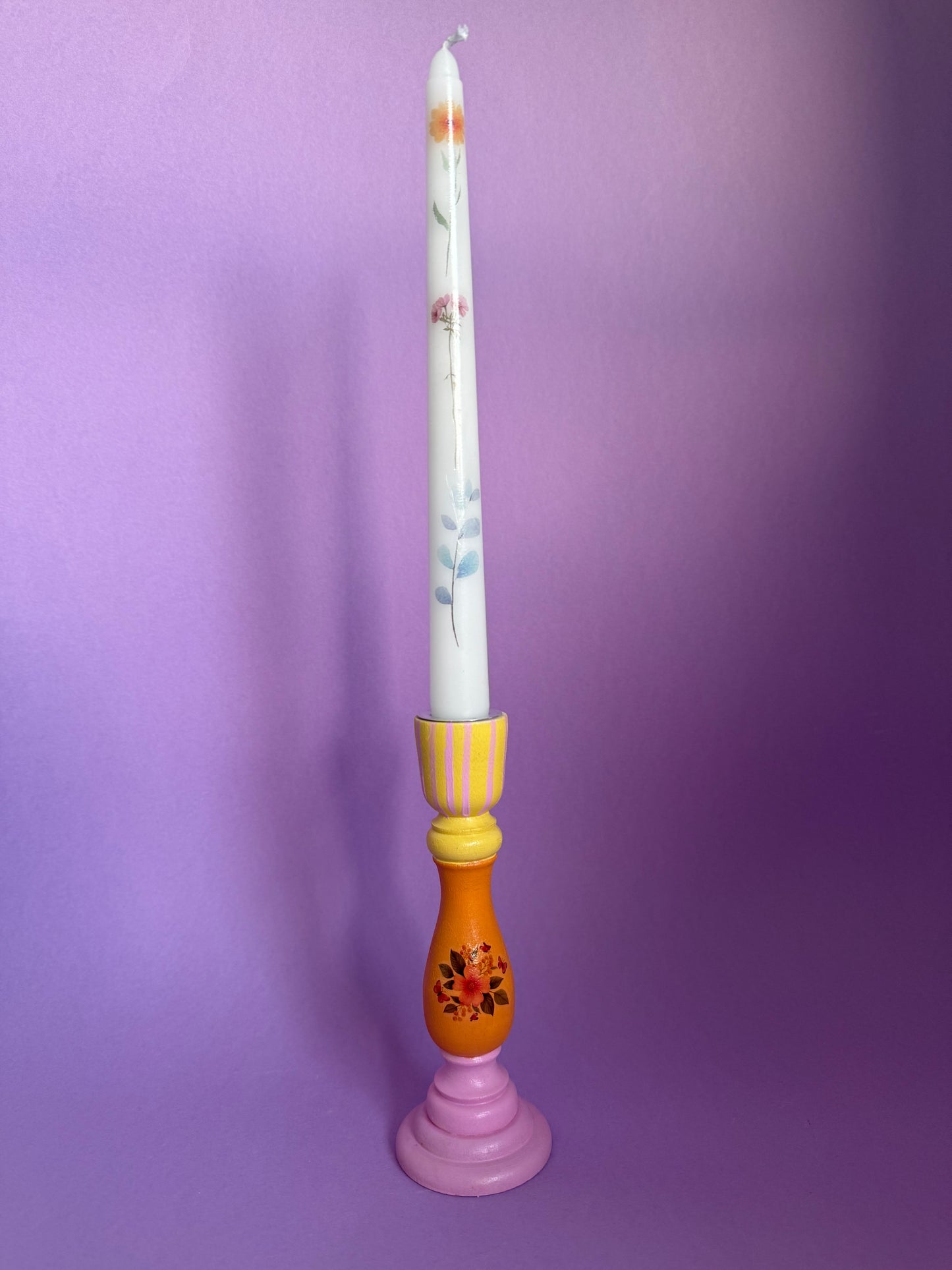 Flower Candlestick + Holder Set Orange, Yellow, Pink