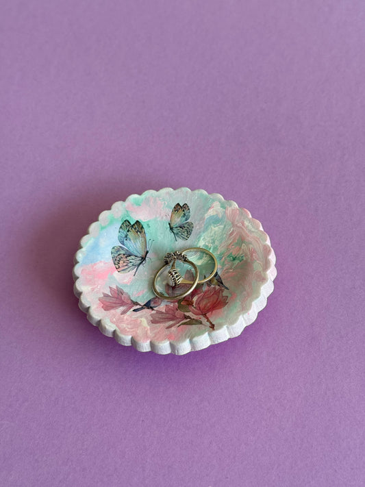 Bird and Butterfly Ring Dish Pastel Pink & Mint Green Handmade
