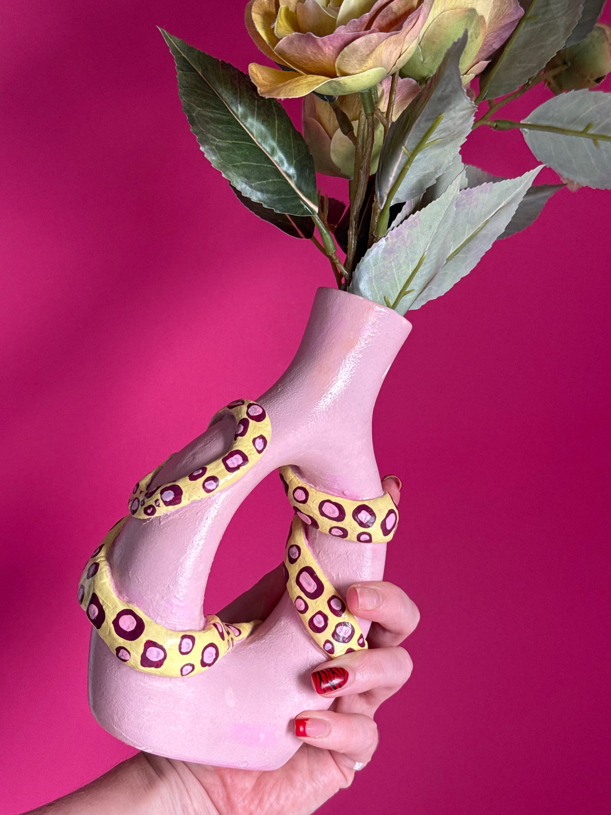 Handmade Snake Pink & Yellow Ceramic Vase