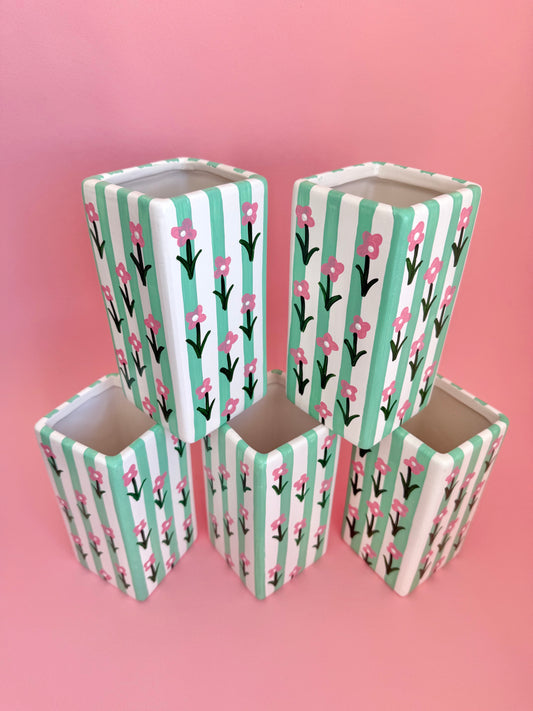 Pink Ditsy Flower Mint Green Stripe Ceramic Vase