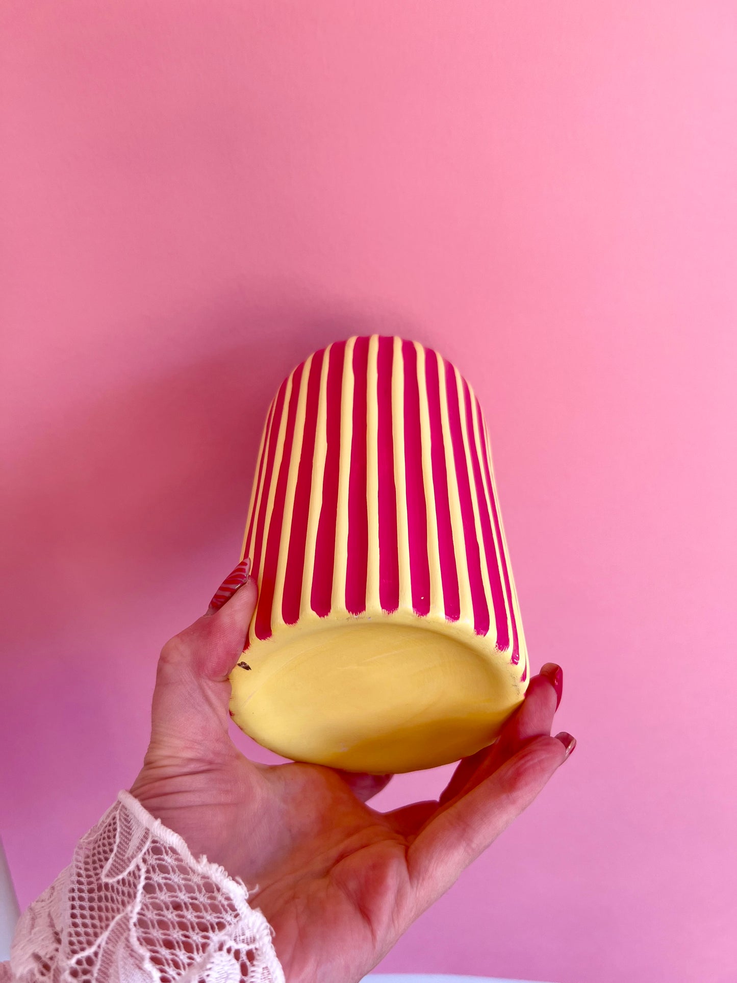 Rhubarb and Custard Stripe Ceramic Vase Yellow & Pink
