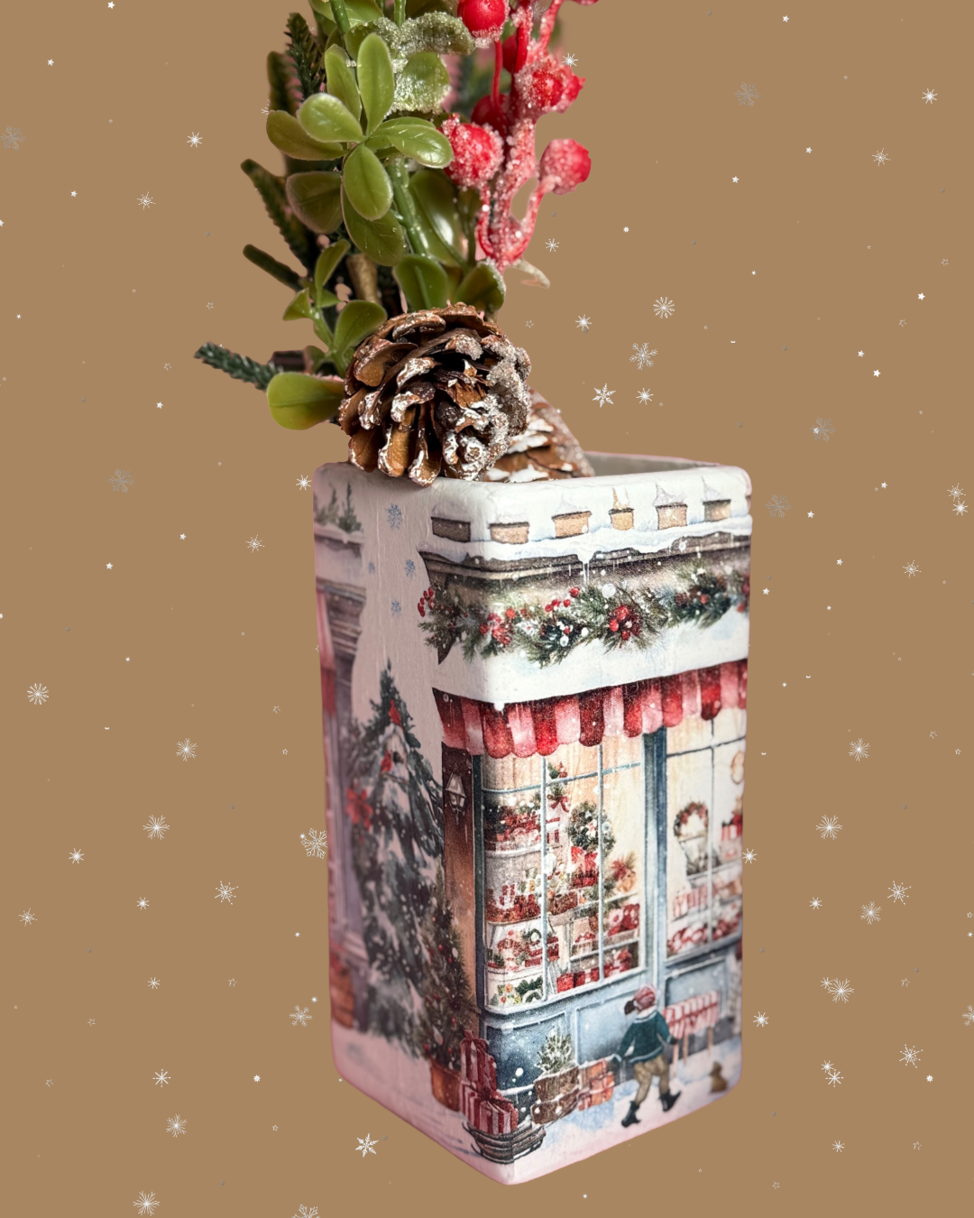 Christmas Village Decoupage Ceramic Vase