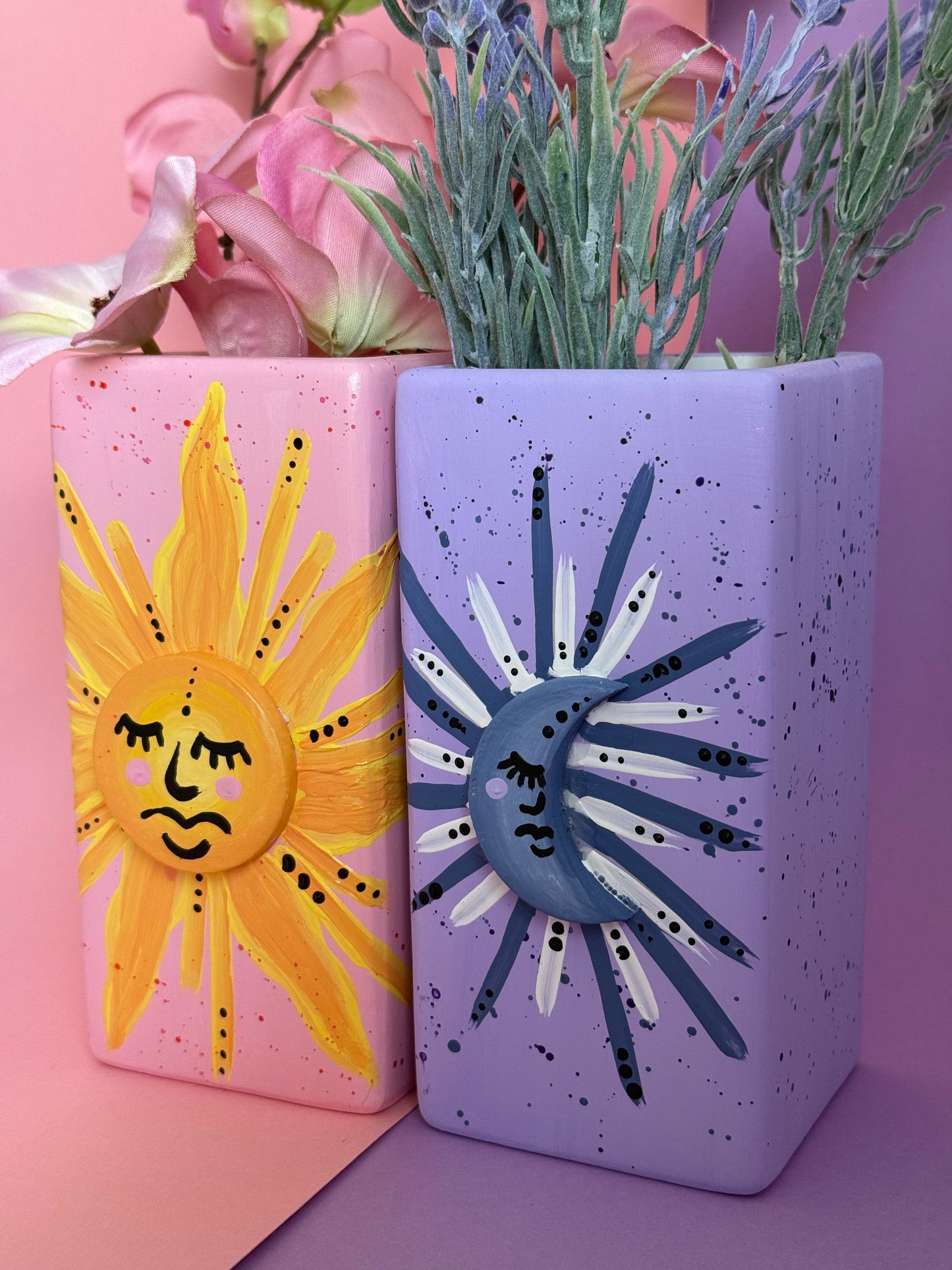 Sun & Moon Ceramic Vase Set Hand Painted 3D