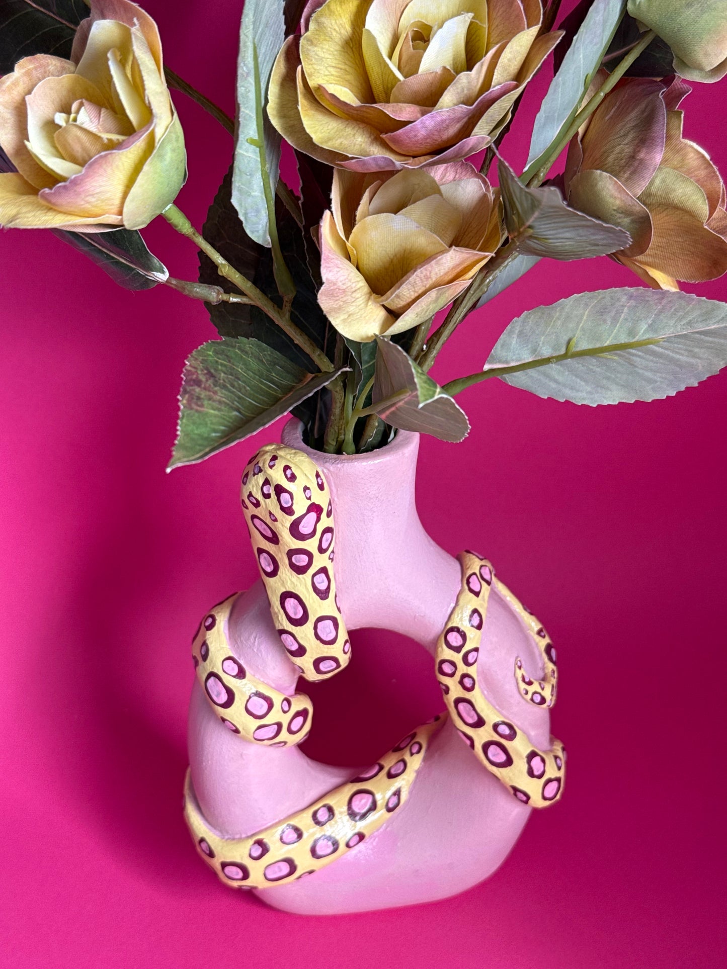 Handmade Snake Pink & Yellow Ceramic Vase