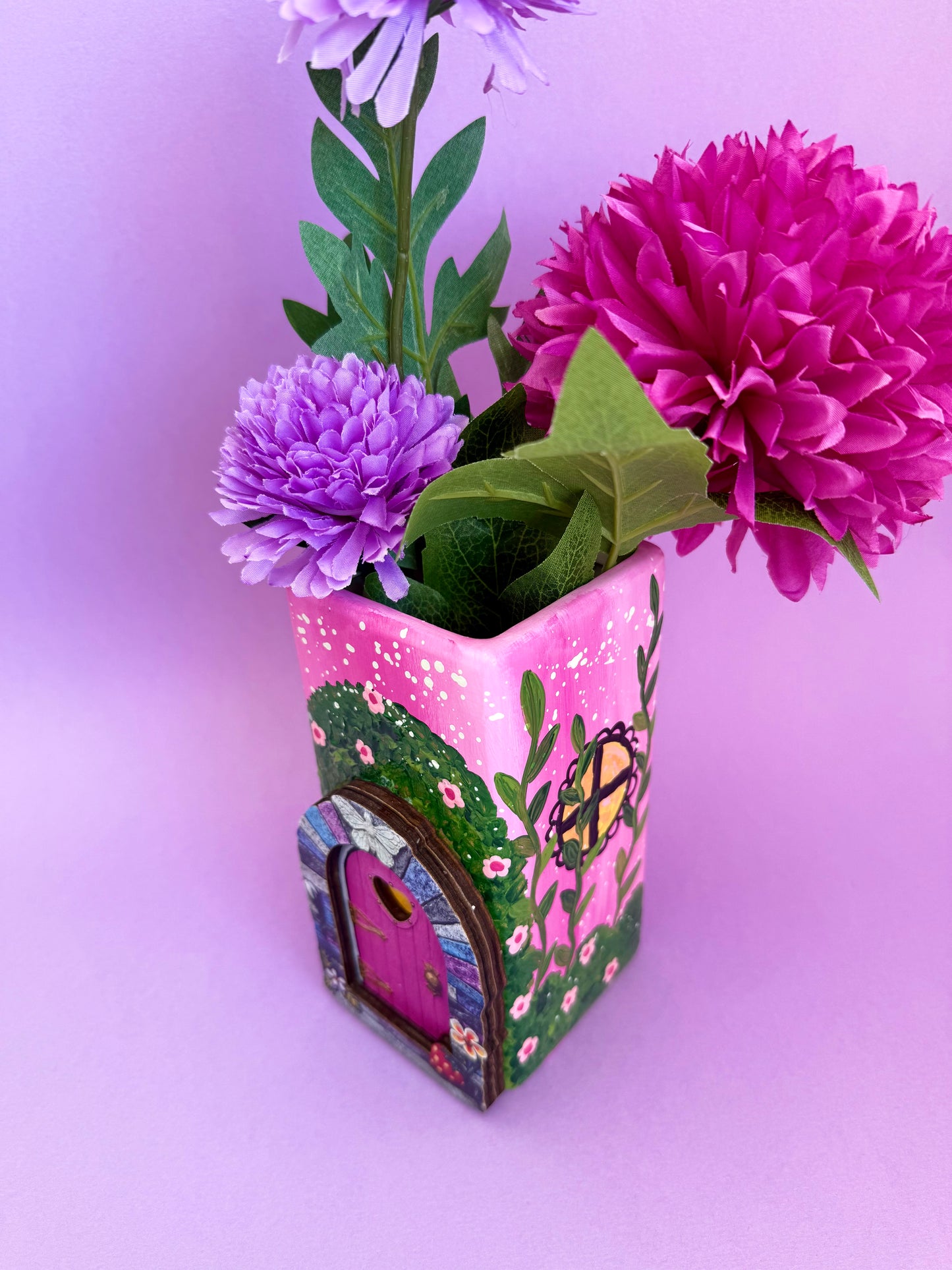 Pink Fairy Door Ceramic Vase Hand Painted
