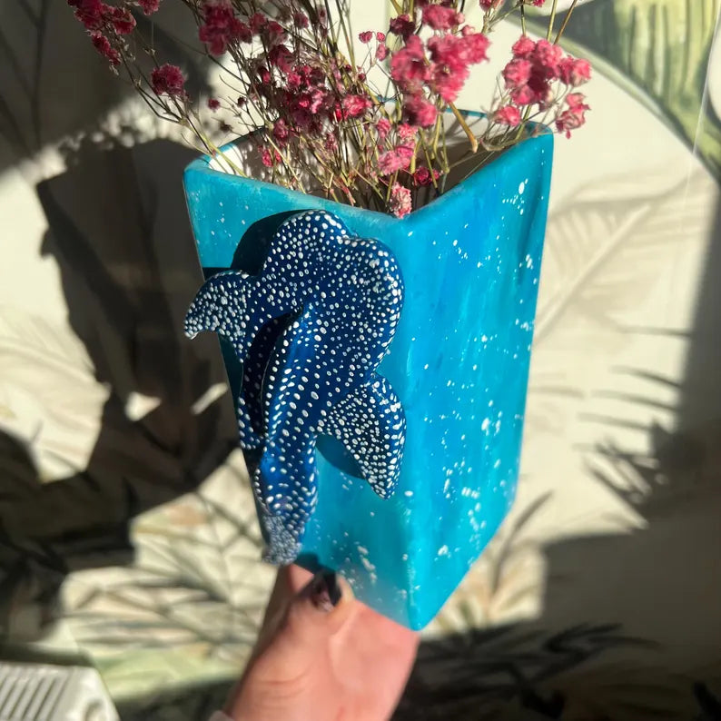 Made to Order Whale Shark Ceramic Vase Ocean Themed Blue Clay Gift Handmade
