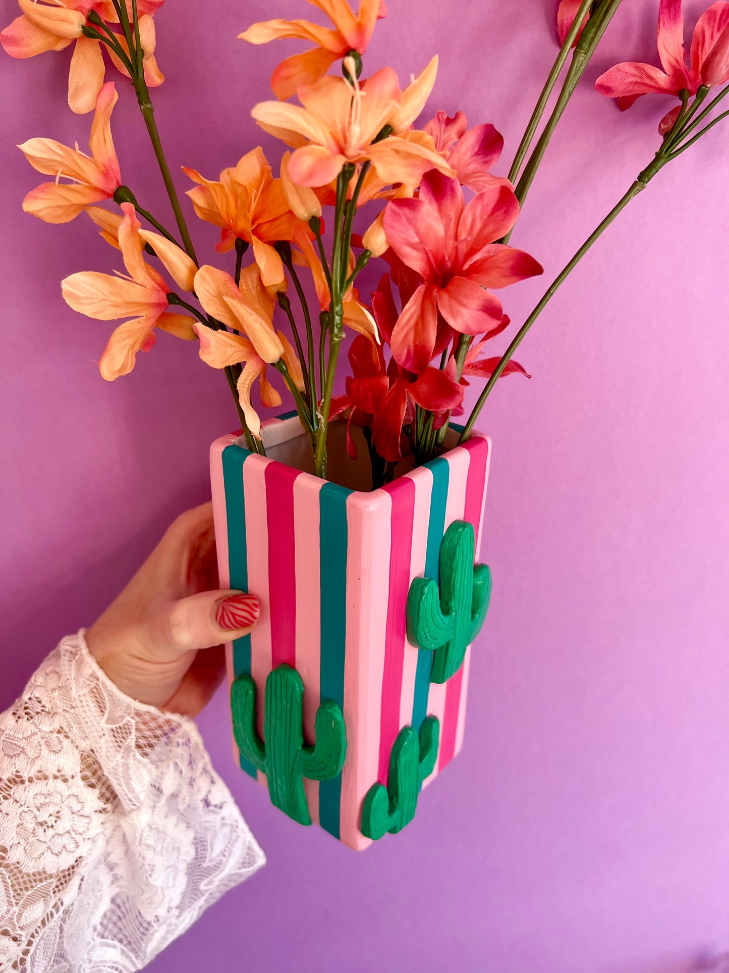 Cactus Stripe Ceramic Vase Pink & Green