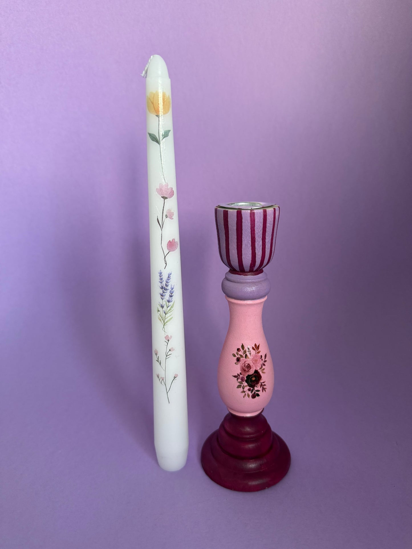 Flower Candlestick + Holder Set Pink, Purple