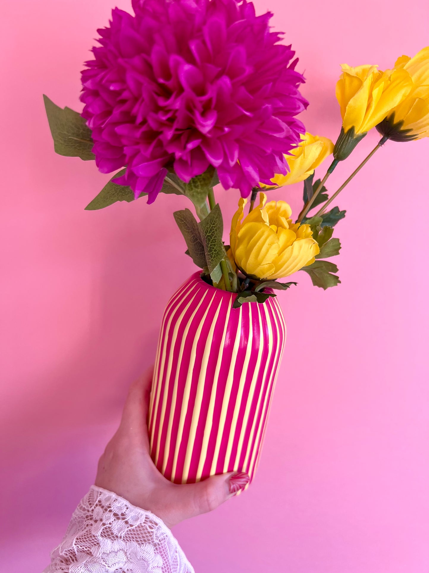 Rhubarb and Custard Stripe Ceramic Vase Yellow & Pink