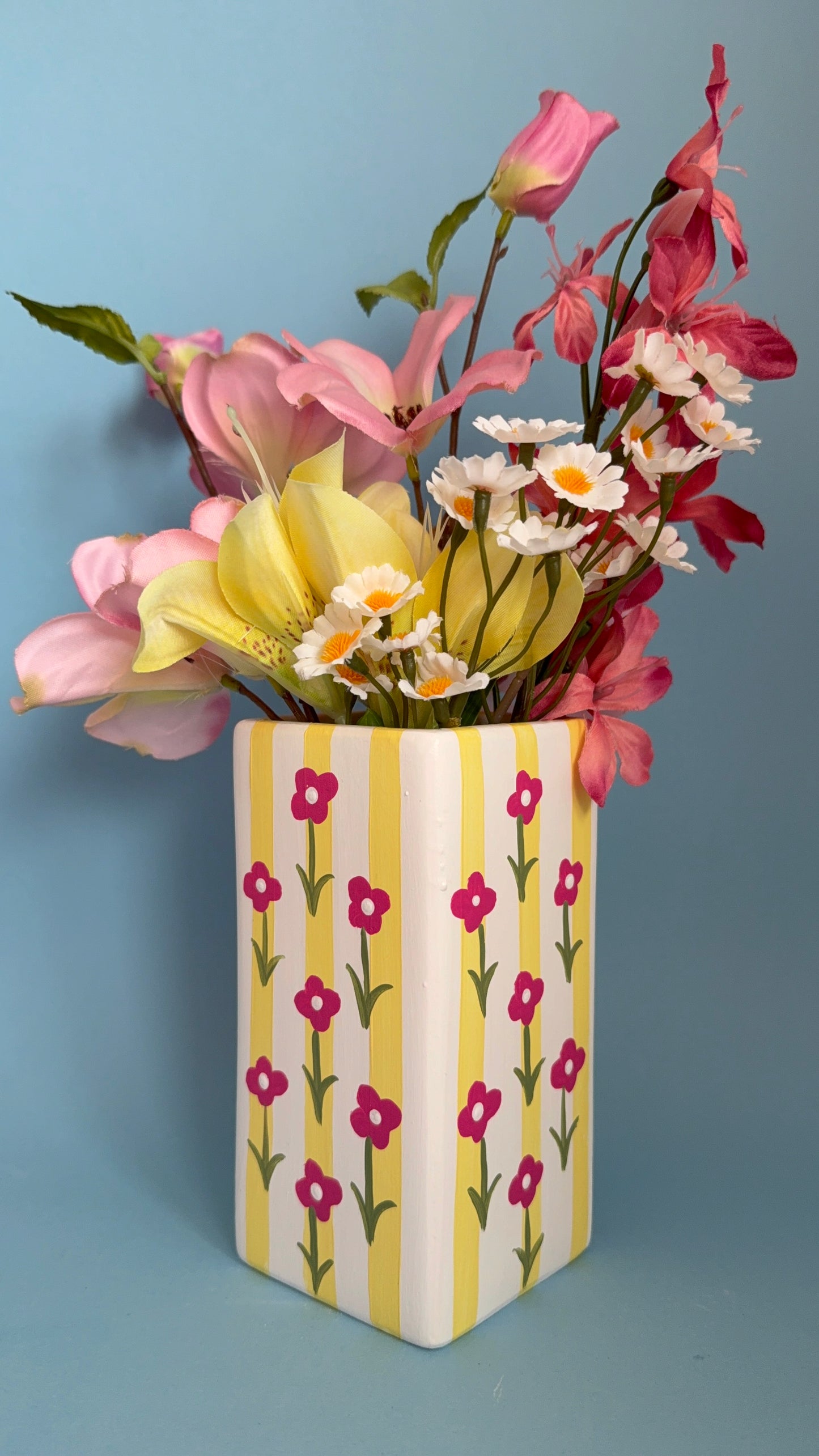 Lemon & Hot Pink Ditsy Flower Ceramic Vase