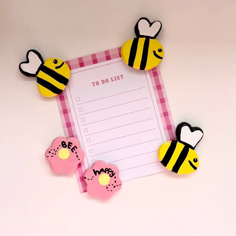 Bee Happy Magnets Set of 5 Fridge Magnets, Kitchen Decor, Locker Magnets Bee’s and Flowers