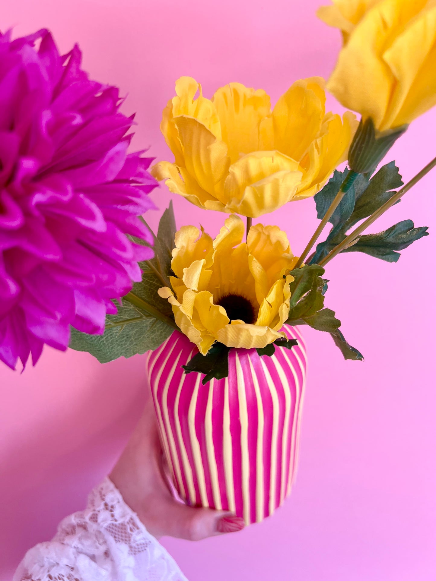 Rhubarb and Custard Stripe Ceramic Vase Yellow & Pink