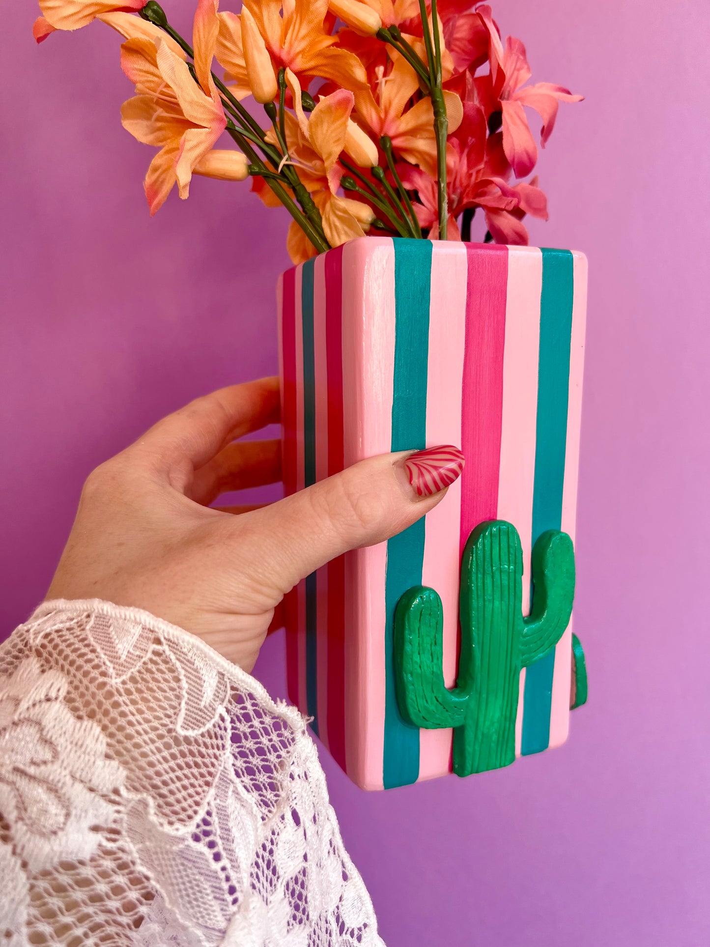 Cactus Stripe Ceramic Vase Pink & Green
