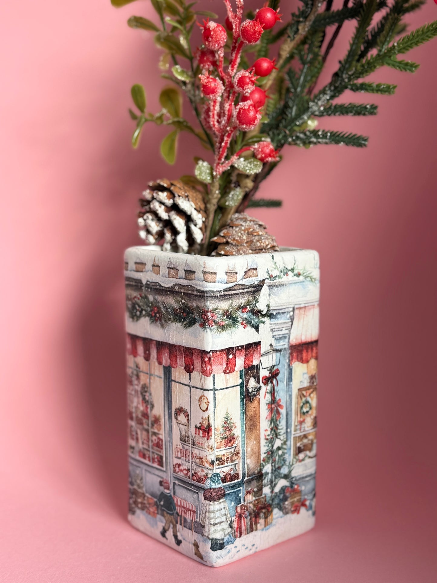 Christmas Village Decoupage Ceramic Vase