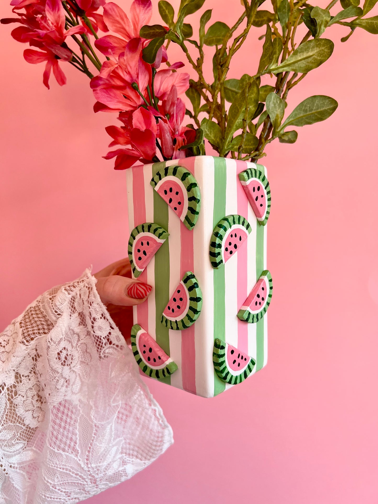 Watermelon Ceramic Vase Pink and Green