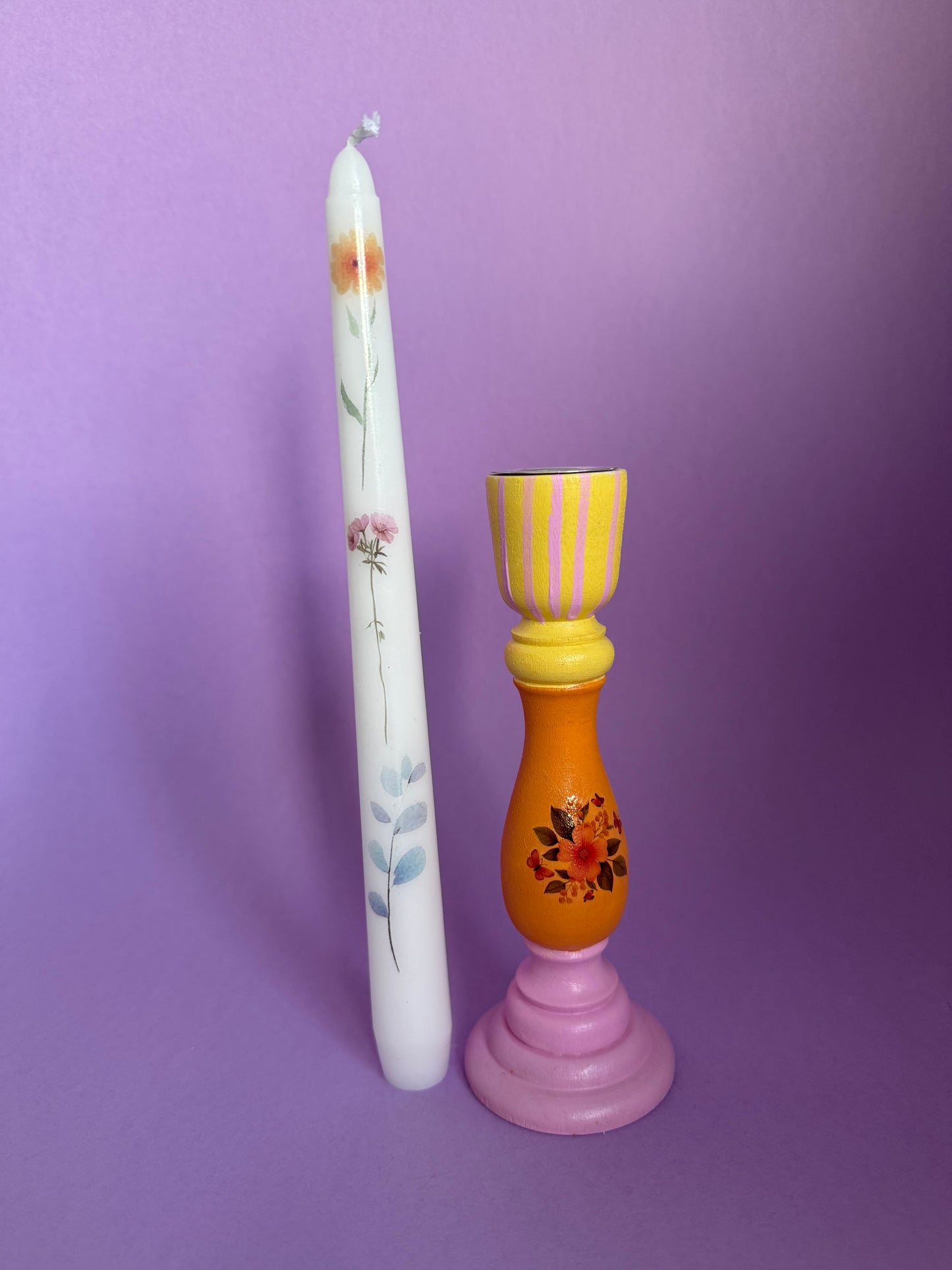 Flower Candlestick + Holder Set Orange, Yellow, Pink
