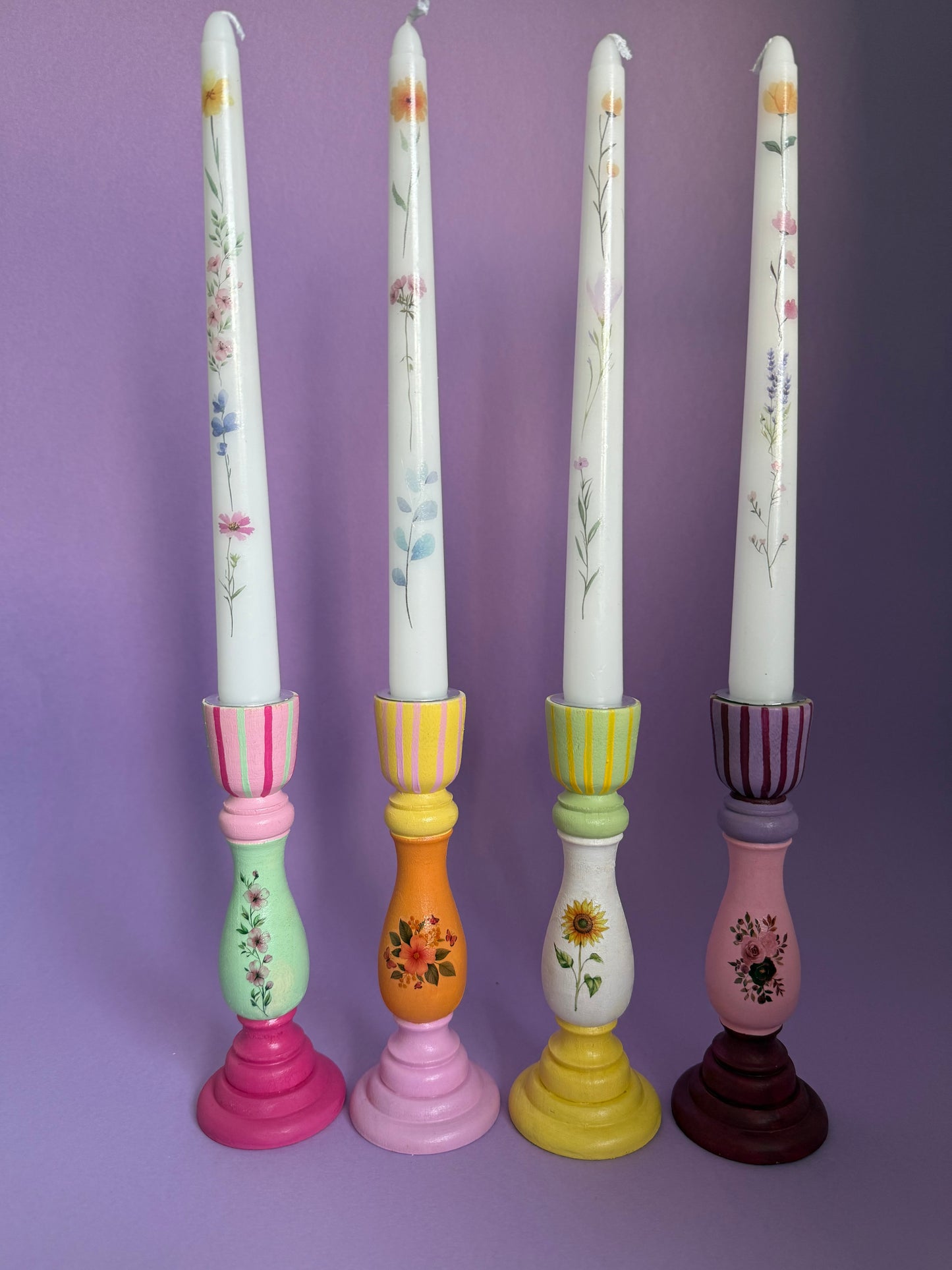 Flower Candlestick + Holder Set Pink, Purple