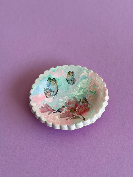 Bird and Butterfly Ring Dish Pastel Pink & Mint Green Handmade