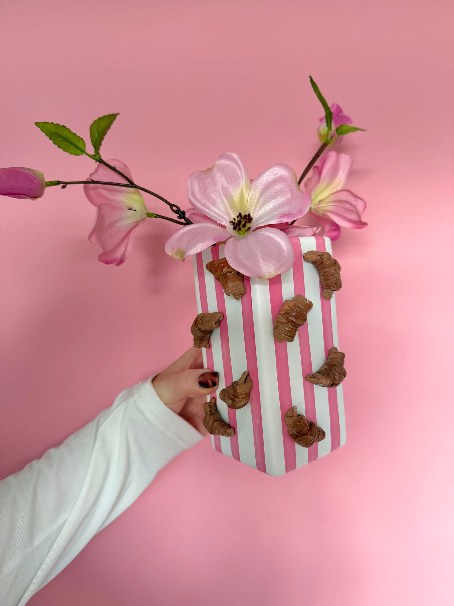 Pink Stripe Croissant Ceramic Vase