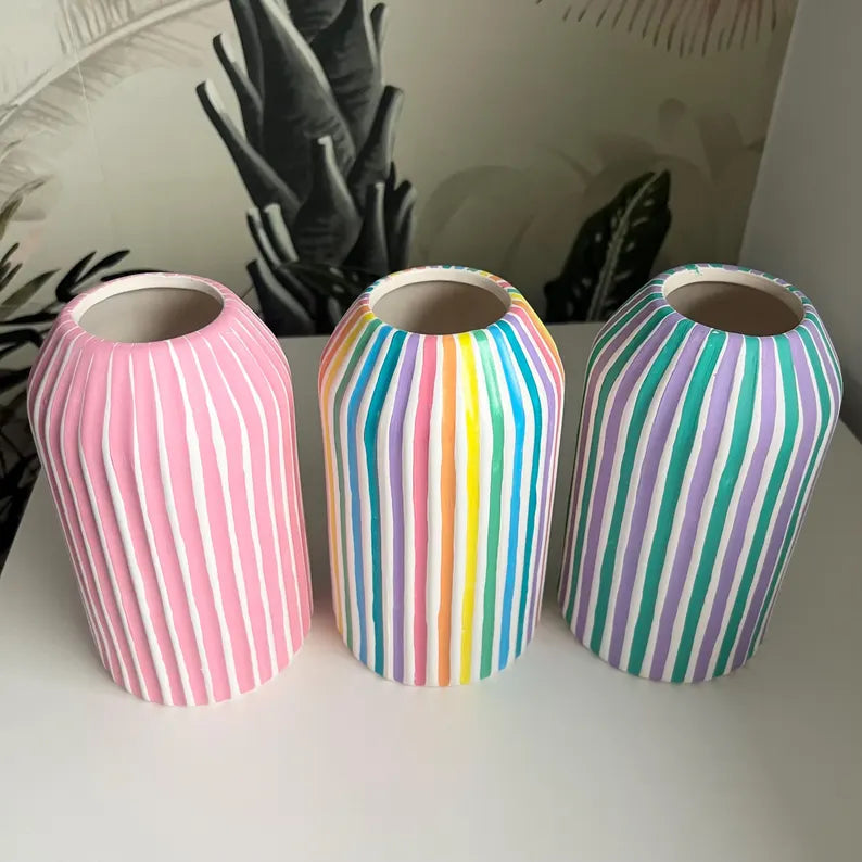 Colourful Stripe Vase Ceramic Rainbow Quirky Colourful Home Decor