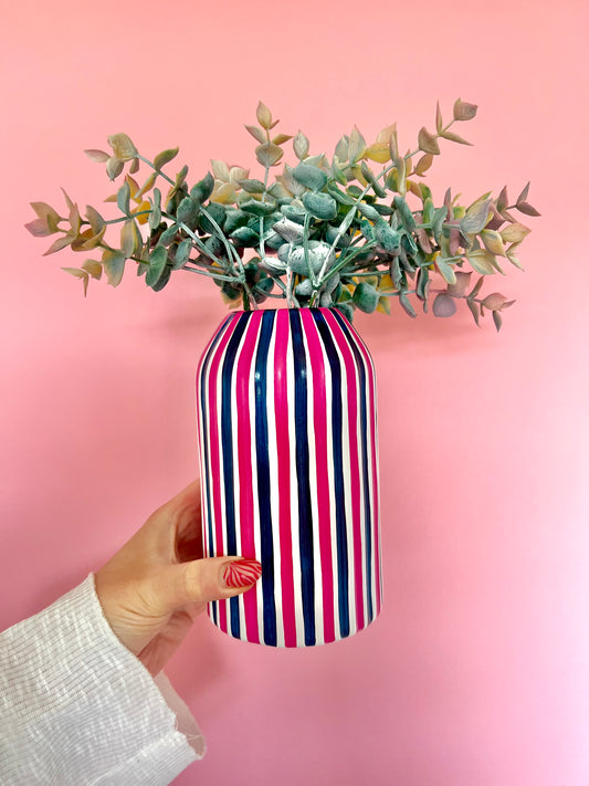Navy Blue & Pink Stripe Vase