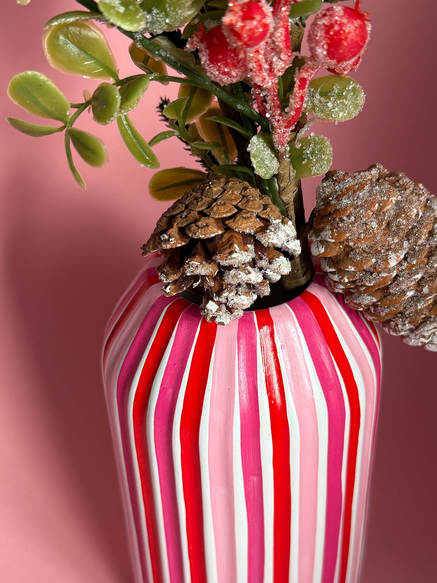 Pink Red White Stripe Ceramic Vase