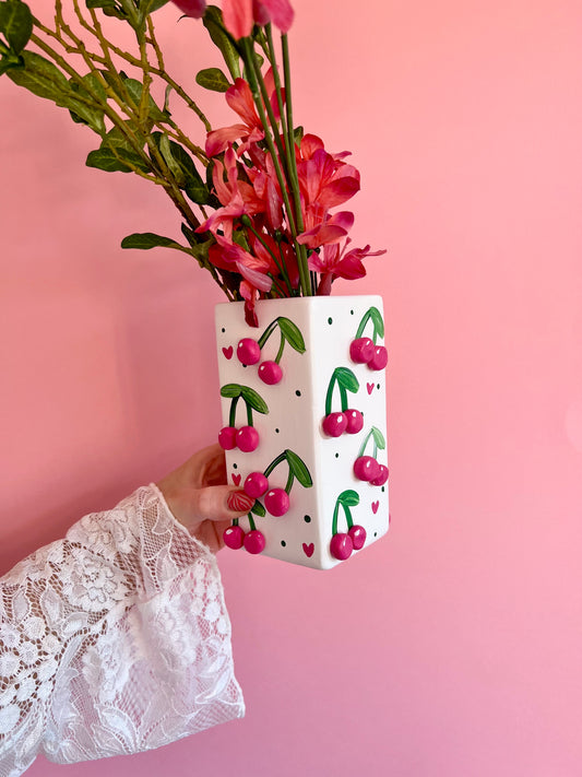 Pink Mini Cherries Ceramic Vase