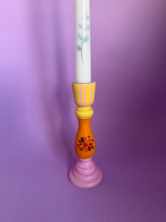 Flower Candlestick + Holder Set Orange, Yellow, Pink