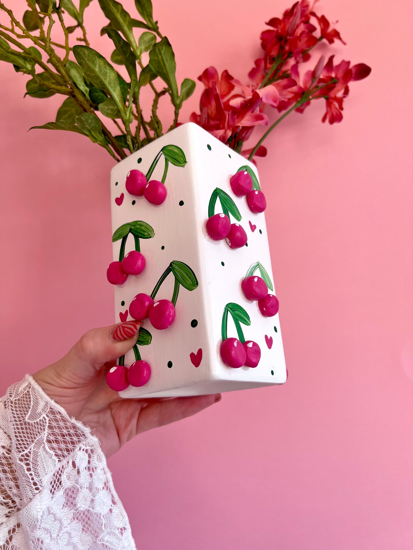 Pink Mini Cherries Ceramic Vase