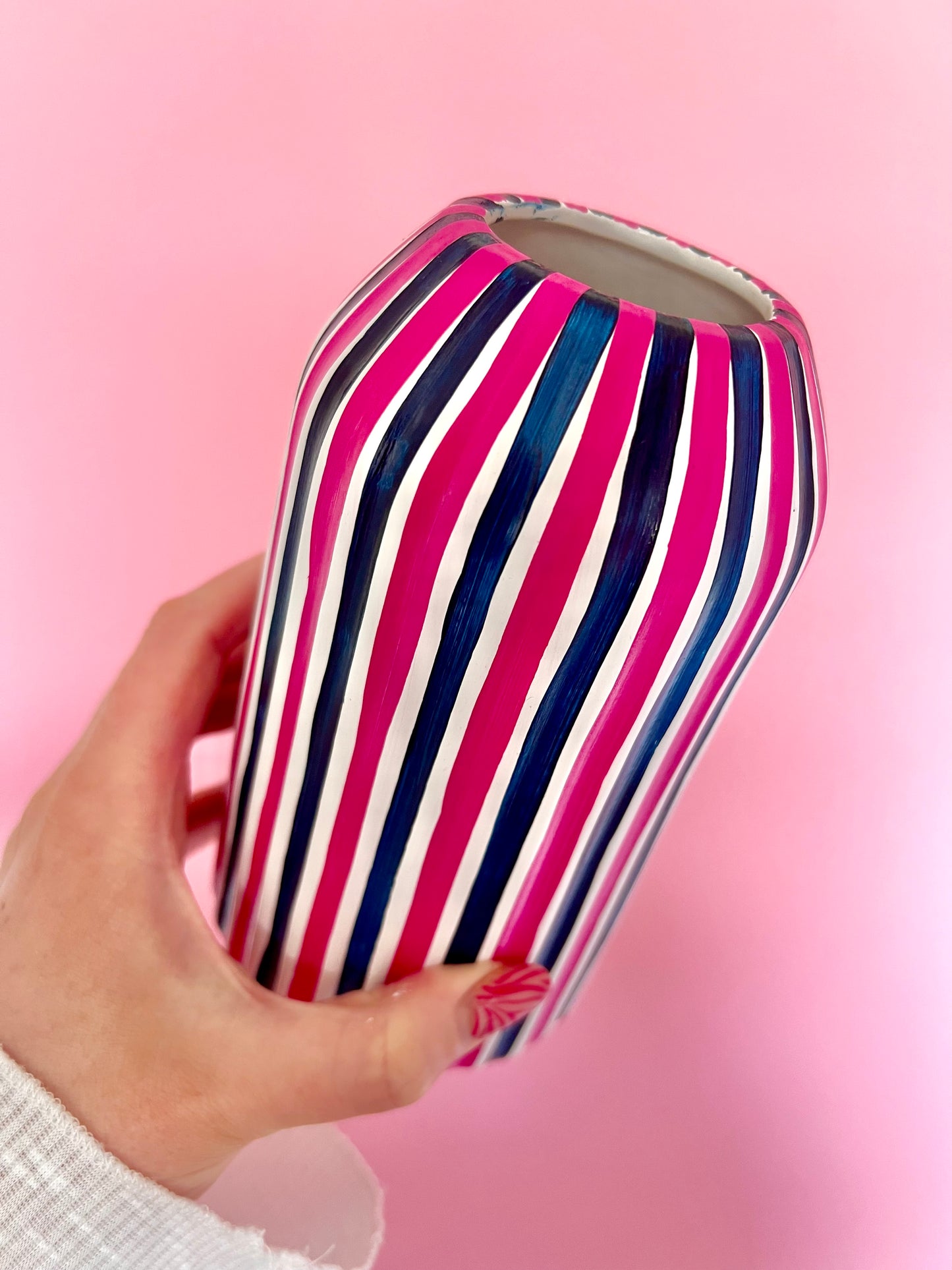 Navy Blue & Pink Stripe Vase