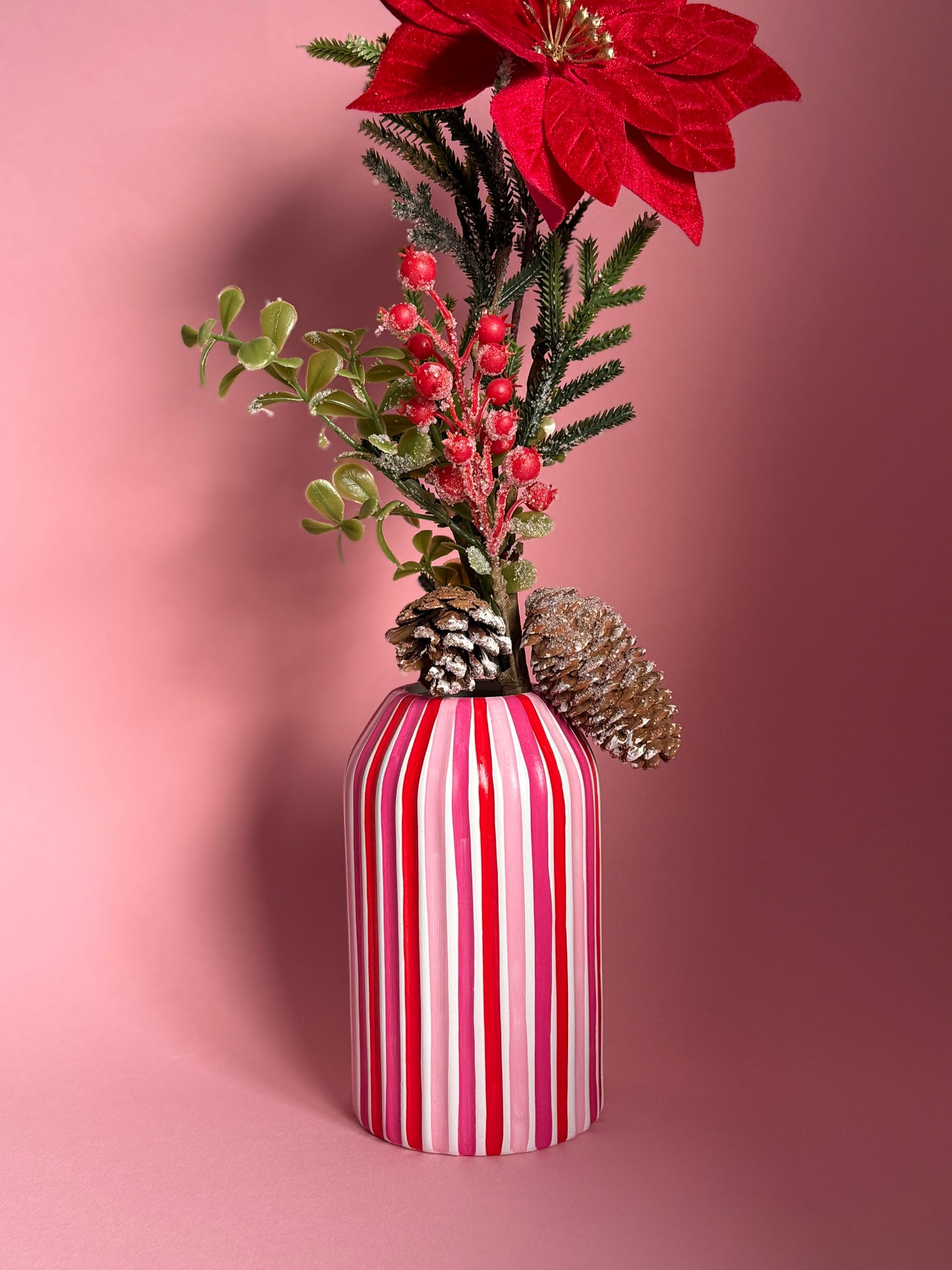 Pink Red White Stripe Ceramic Vase