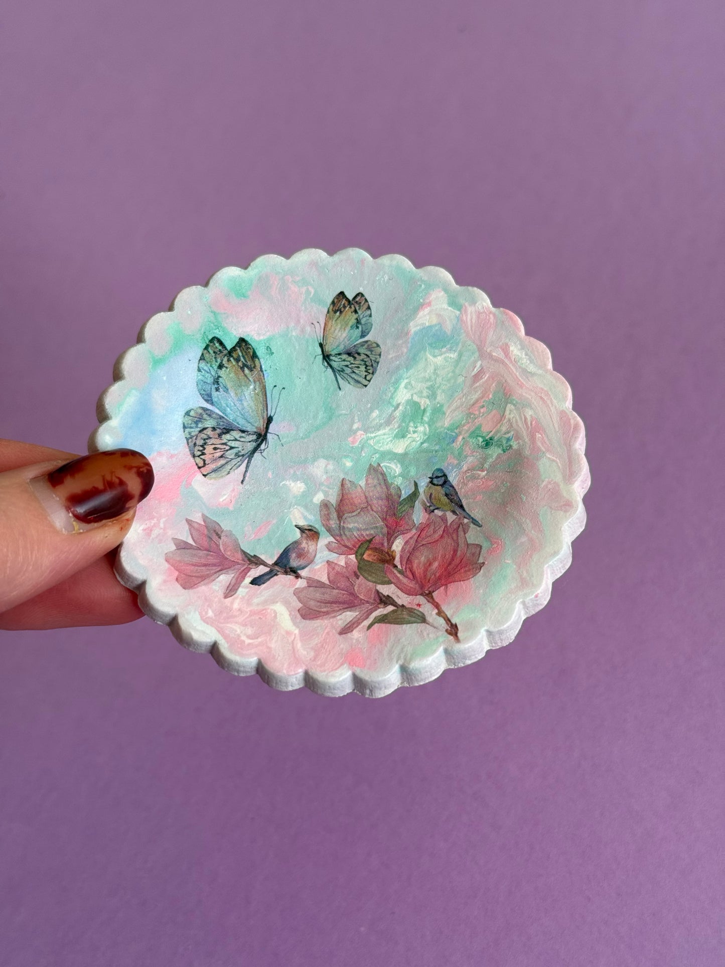Bird and Butterfly Ring Dish Pastel Pink & Mint Green Handmade