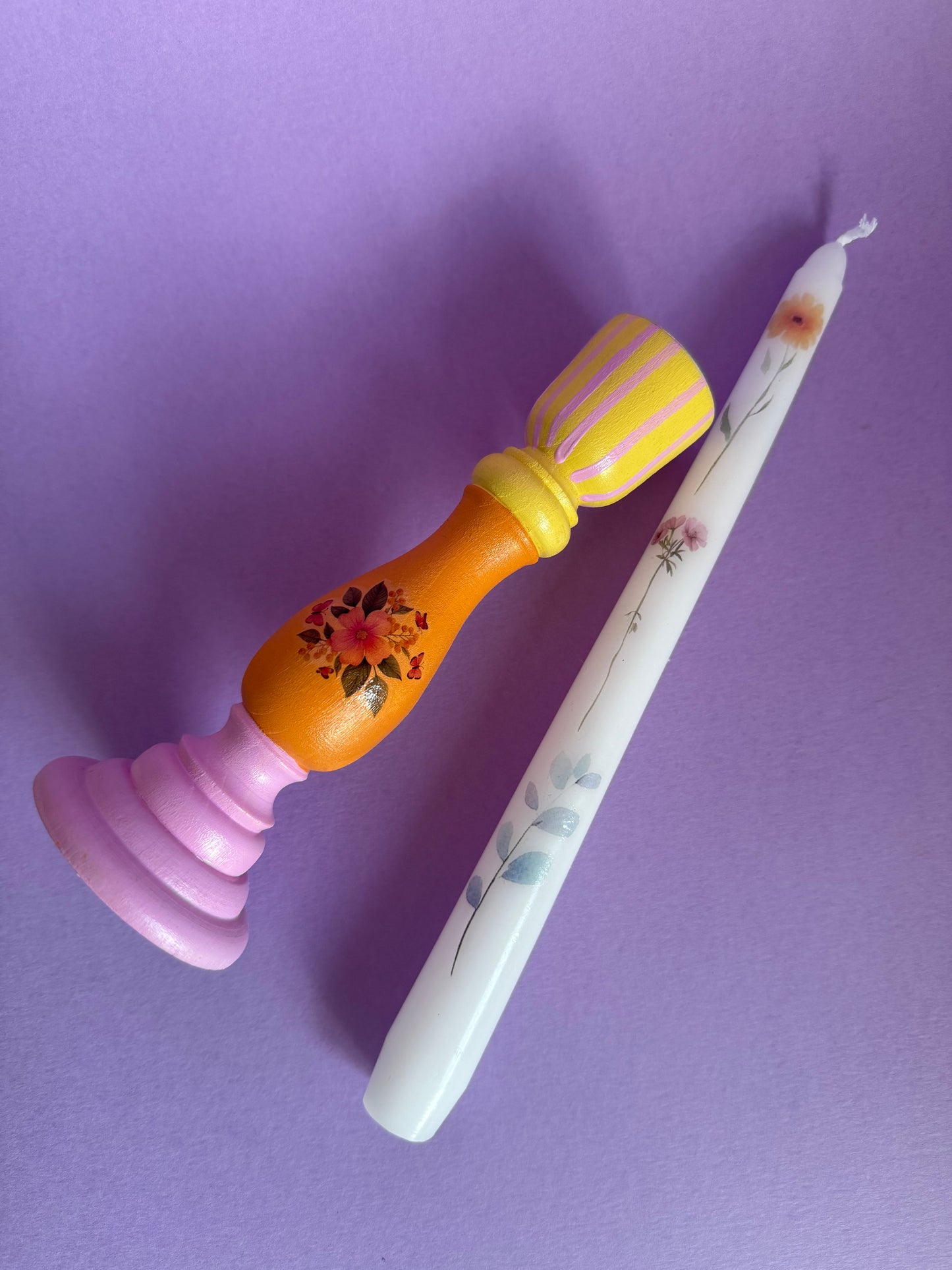 Flower Candlestick + Holder Set Orange, Yellow, Pink
