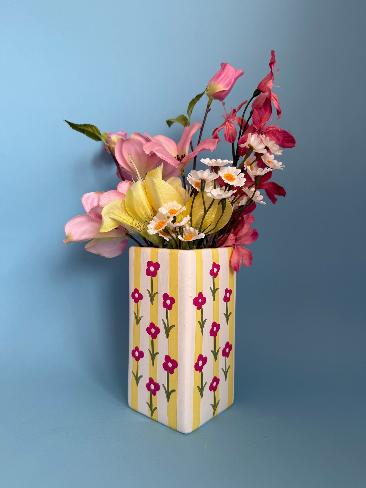 Lemon & Hot Pink Ditsy Flower Ceramic Vase