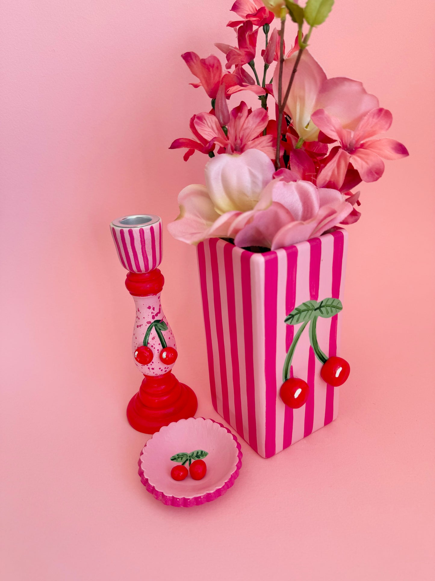 Cherry Candlestick Holder Pink & Red Hand Painted