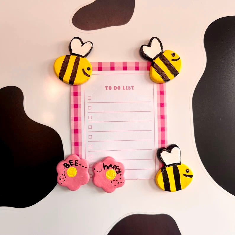 Bee Happy Magnets Set of 5 Fridge Magnets, Kitchen Decor, Locker Magnets Bee’s and Flowers