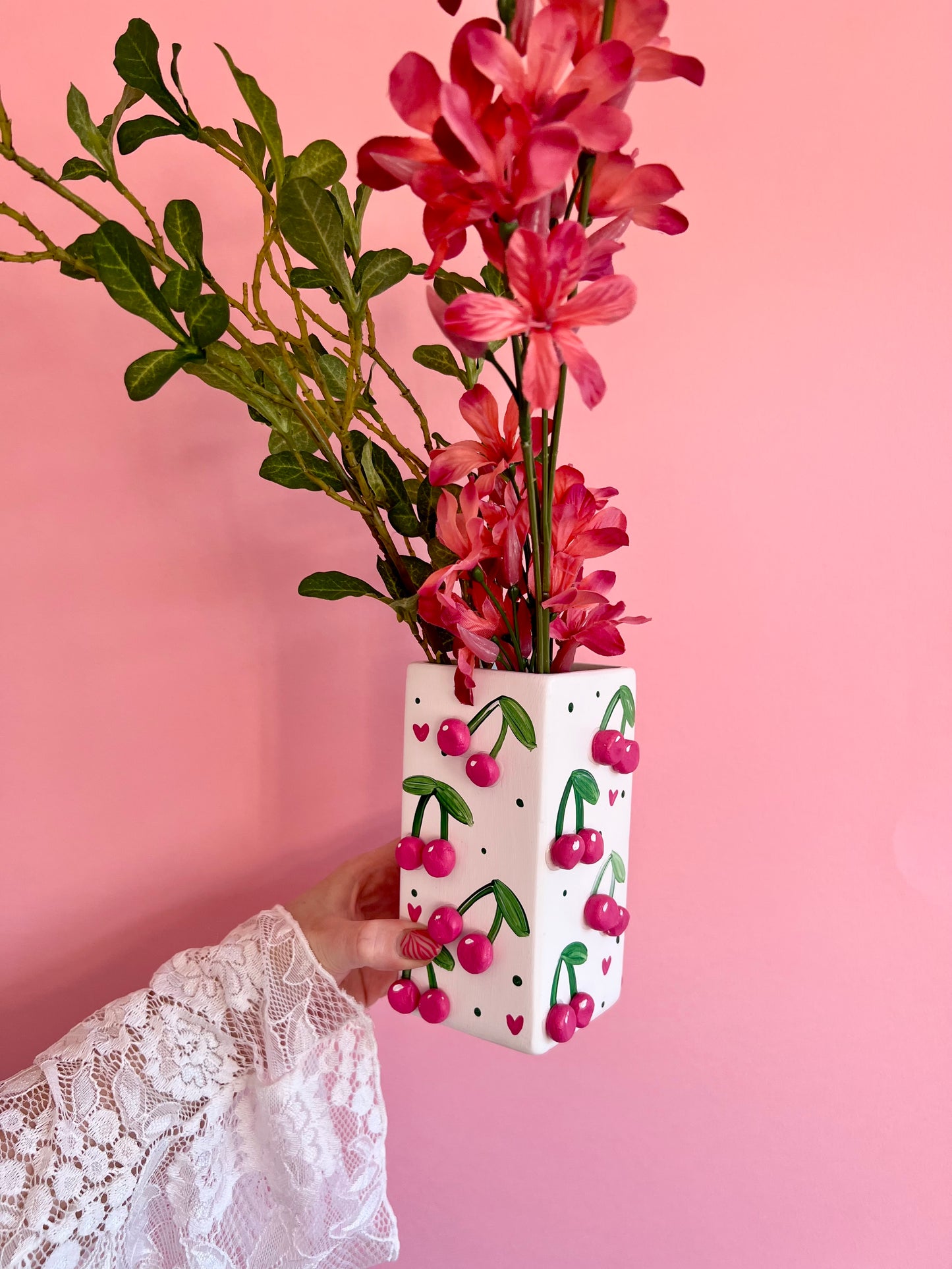 Pink Mini Cherries Ceramic Vase