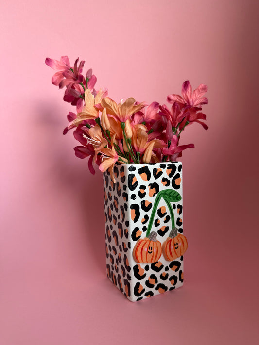 Pumpkin Cherry Leopard Print Ceramic Vase