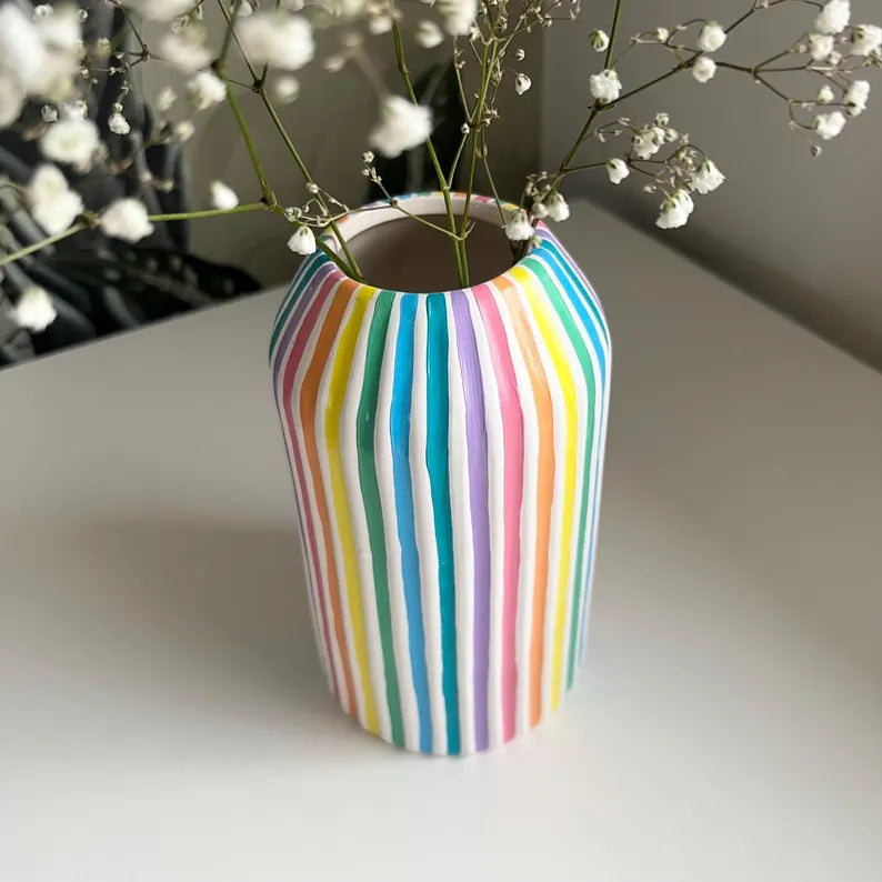 Colourful Stripe Vase Ceramic Rainbow Quirky Colourful Home Decor
