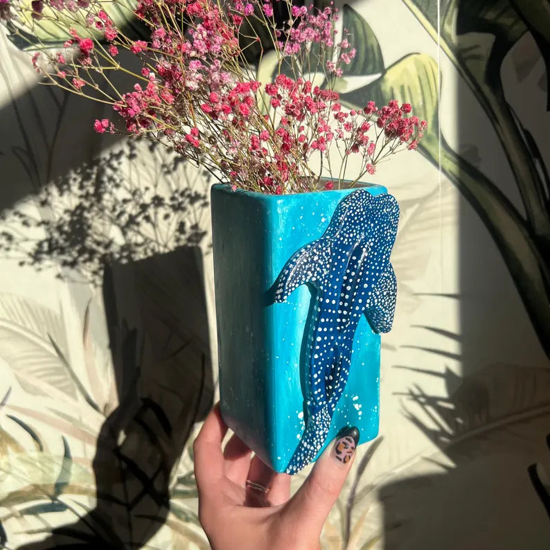 Made to Order Whale Shark Ceramic Vase Ocean Themed Blue Clay Gift Handmade