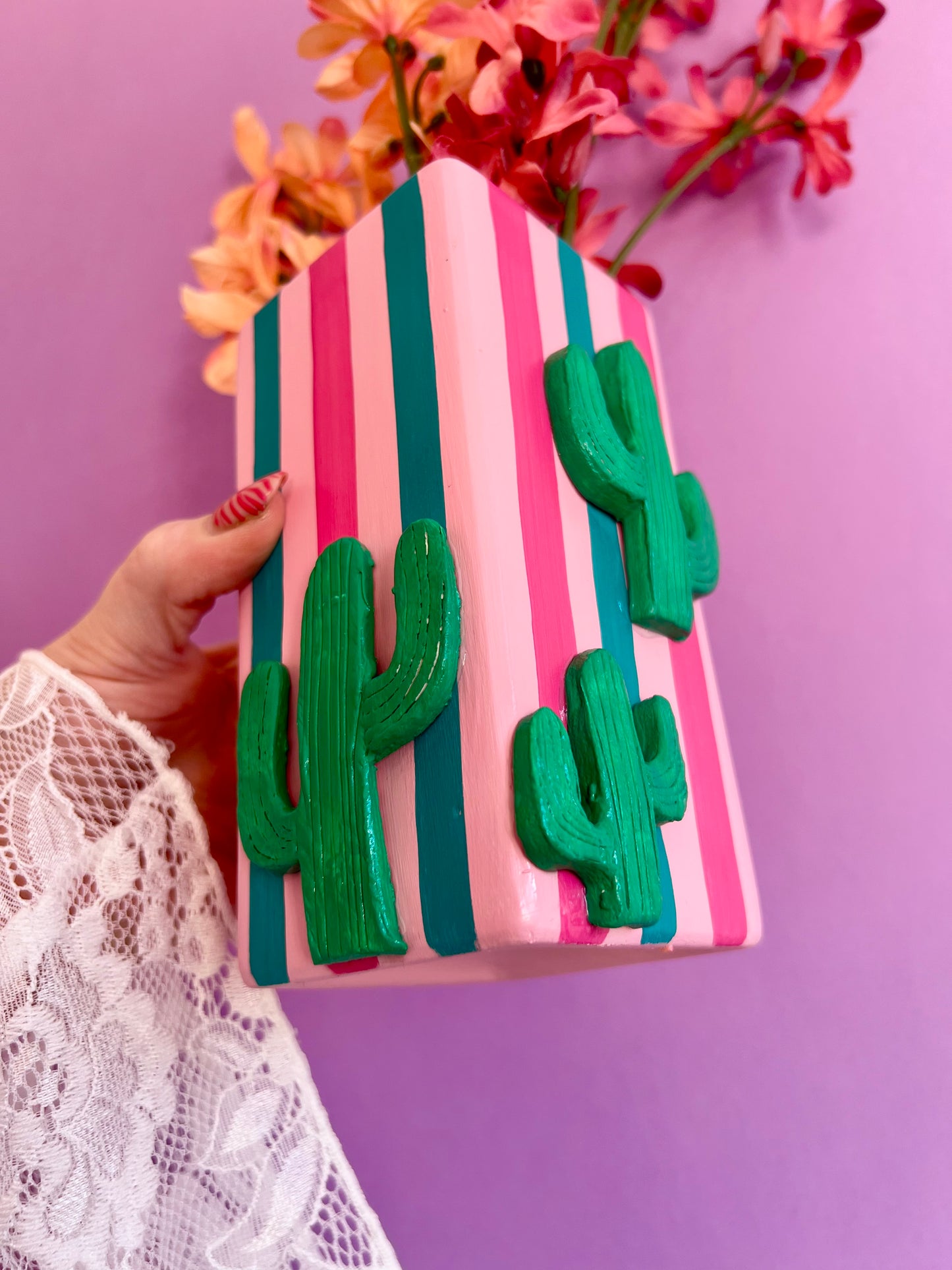 Cactus Stripe Ceramic Vase Pink & Green