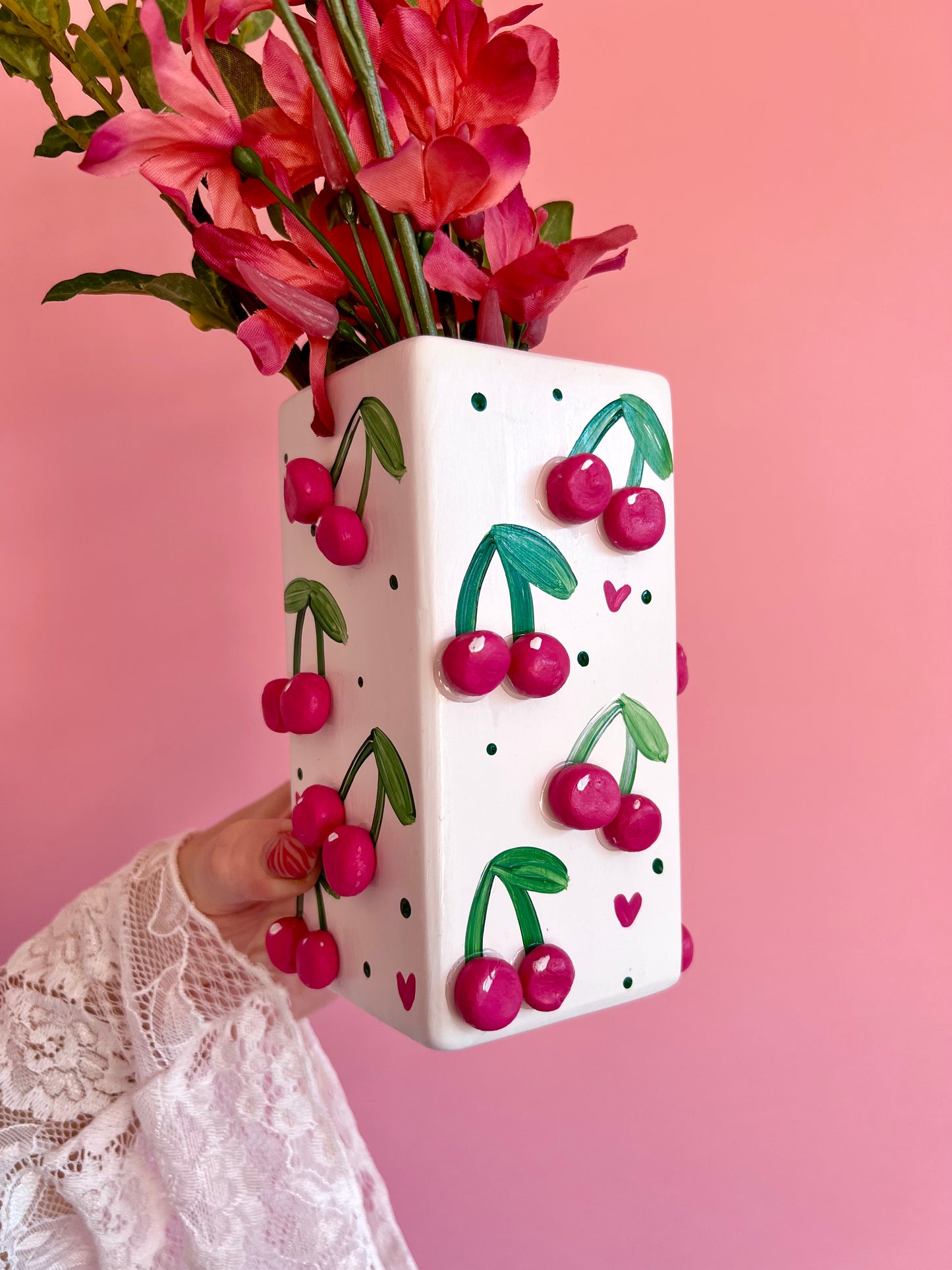 Pink Mini Cherries Ceramic Vase