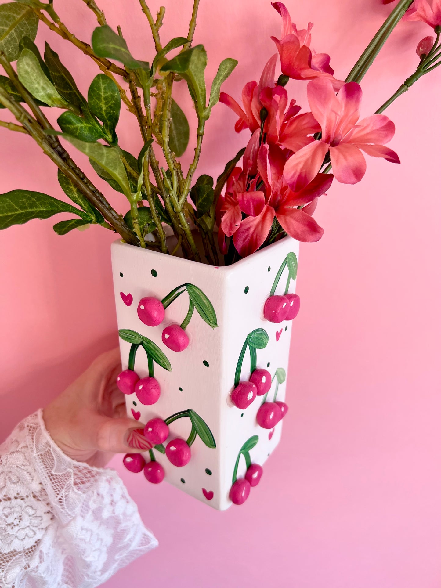 Pink Mini Cherries Ceramic Vase