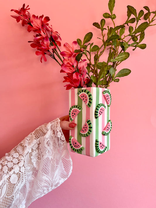 Watermelon Ceramic Vase Pink and Green