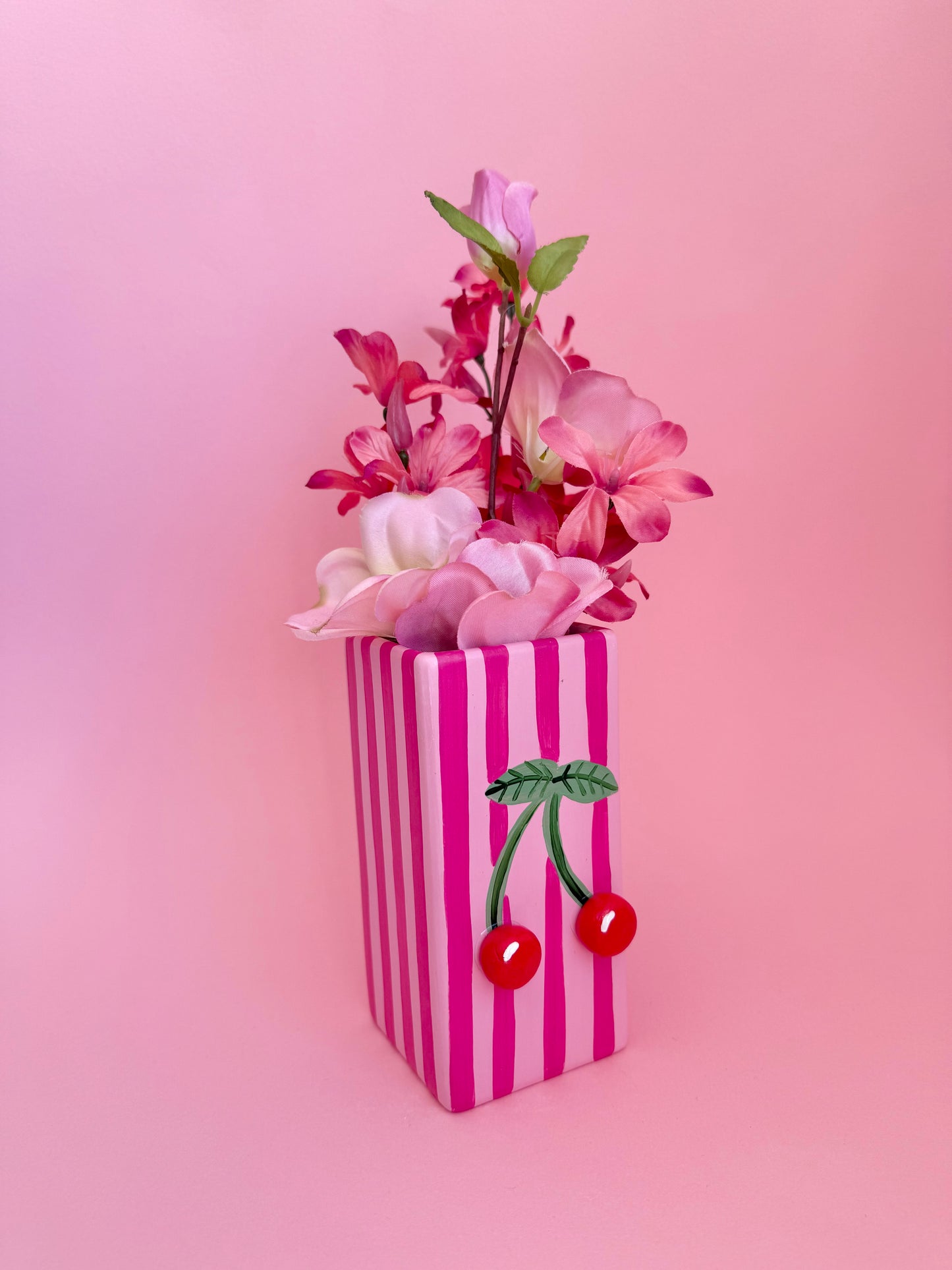 Pink Stripe Cherry Ceramic Vase Hand Painted