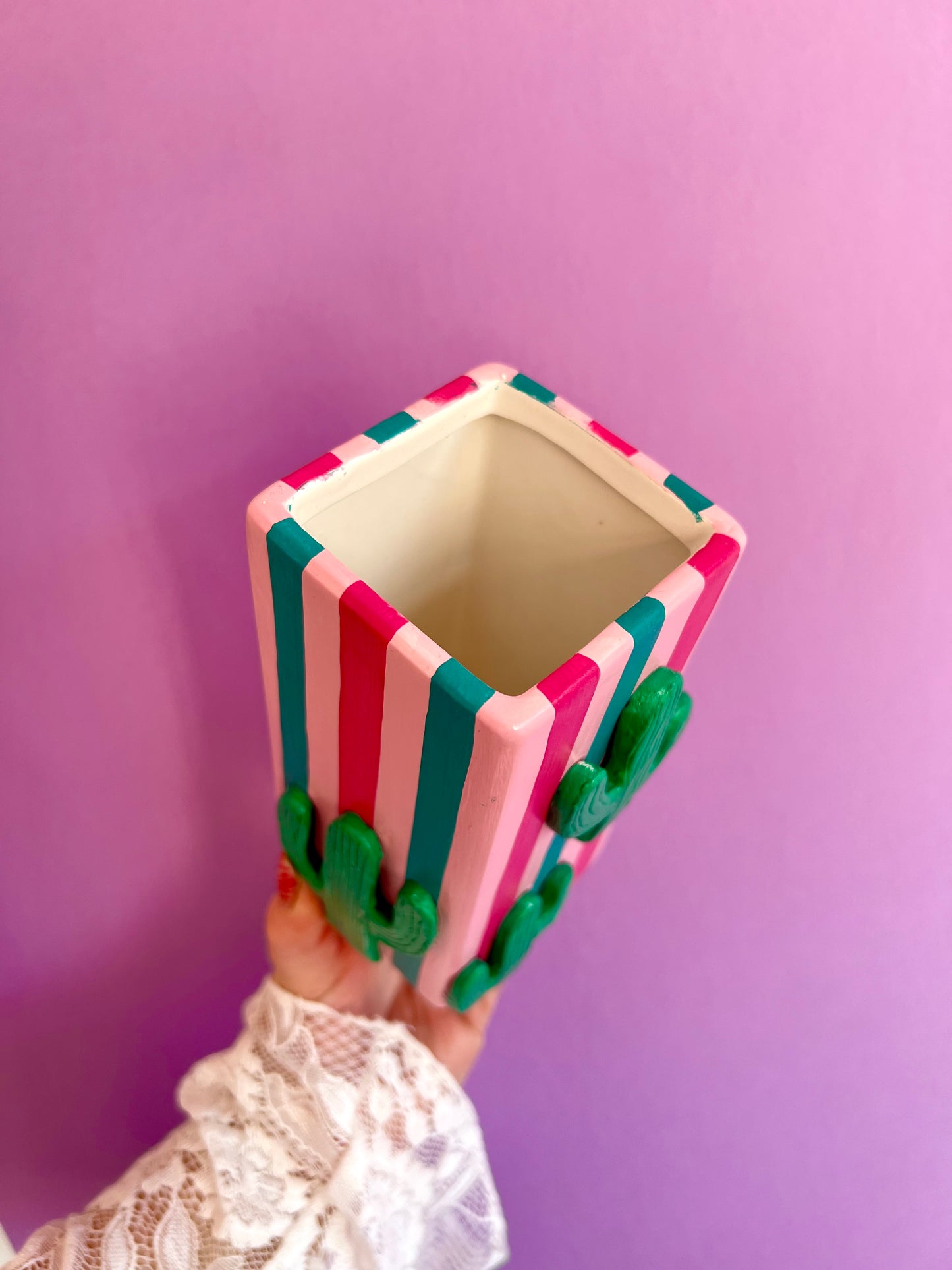 Cactus Stripe Ceramic Vase Pink & Green