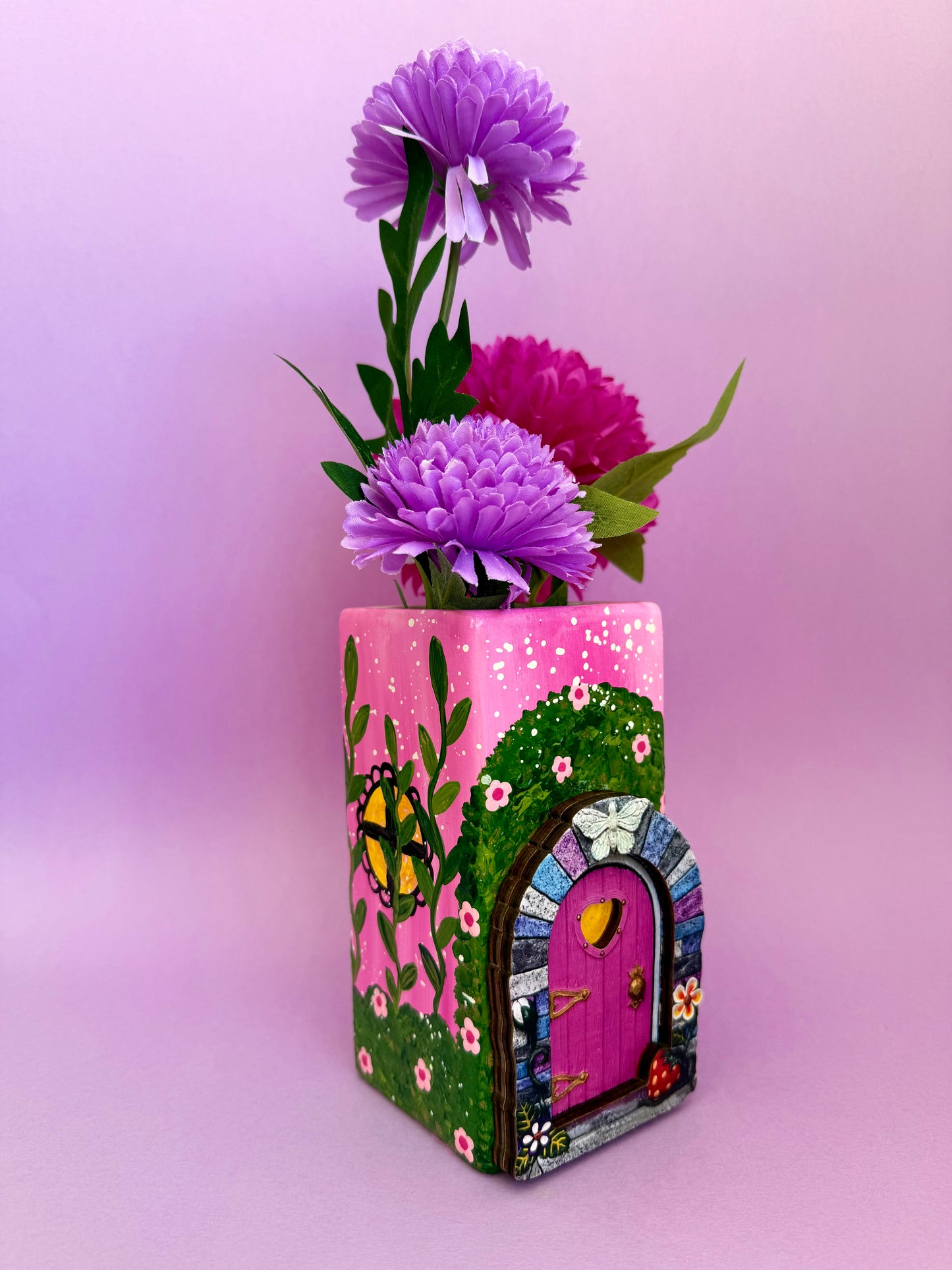 Pink Fairy Door Ceramic Vase Hand Painted