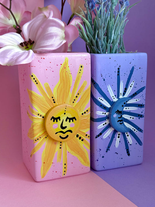Sun & Moon Ceramic Vase Set Hand Painted 3D